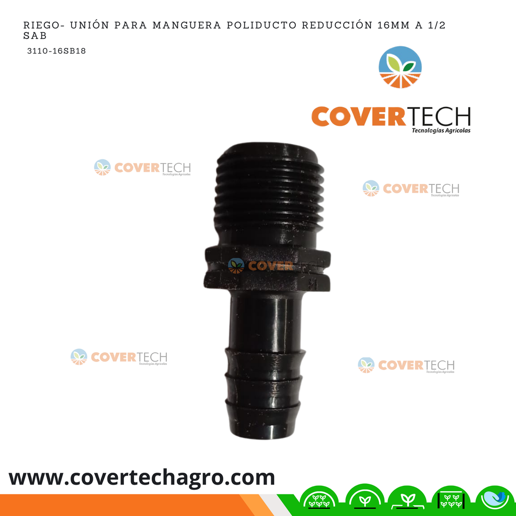 Riego- Unión para manguera poliducto reducción 16mm (3/8") a PVC (1/2") SAB Italia