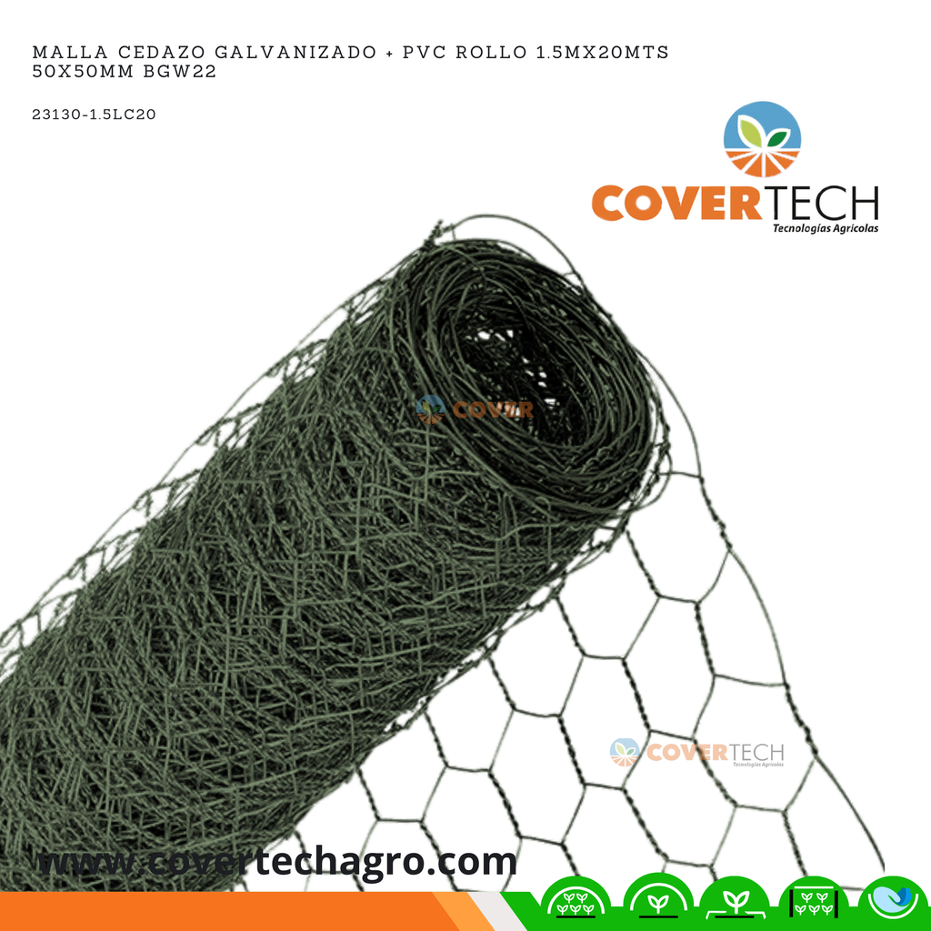 Malla cedazo galvanizado + PVC rollo 1.5mx20mts  50x50mm BGW22
