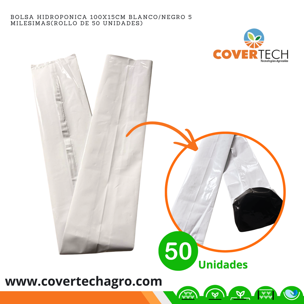 Bolsa hidroponica 100x15cm Blanco/Negro 5 milesimas(Rollo de 50 unidades)