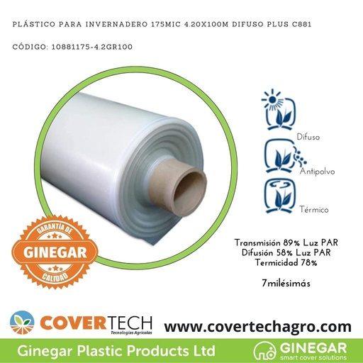 [10881175-4.2GR100]  Plastico p. invernadero 175Mic (7milesimas) 4.20x100m Difuso Plus C881