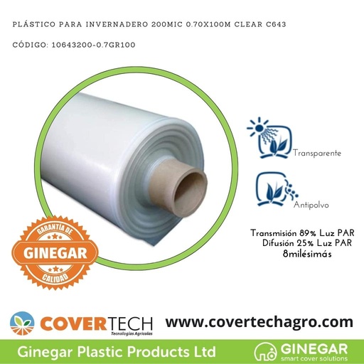 [10643200-0.7GR100]  Plastico p. invernadero 200Mic (8milesimas) 0.70x100m Transparente C643