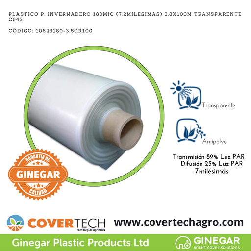 [10643180-3.8GR100] Plastico p. invernadero 180MIC (7.2milesimas) 3.8x100m Transparente C643