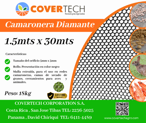 [23119-1.5TV30] Malla Camaronera 5x5mm - 1.5x30mts Diamante Negra