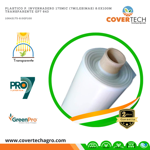 [10643175-8.0GP100] Plastico p. invernadero 175Mic (7milesimas) 8.0x100m Transparente GP7 643
