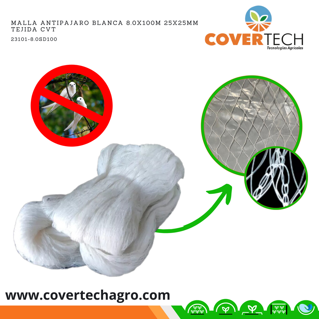 Malla Antipajaro Blanca 8.0x100m 25x25mm Tejida CVT
