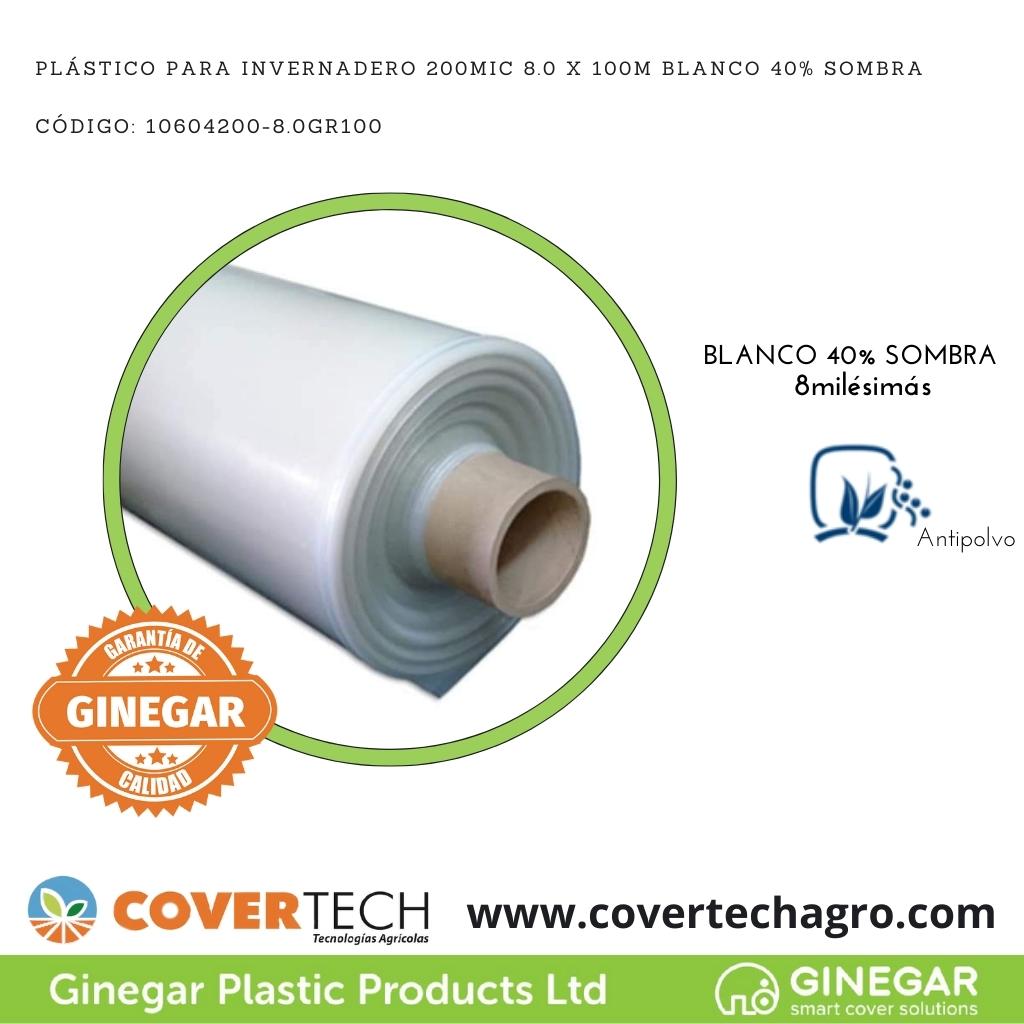 Plastico p. invernadero 200Mic (8milesimas) 8.0x100m Blanco 40% sombra C604
