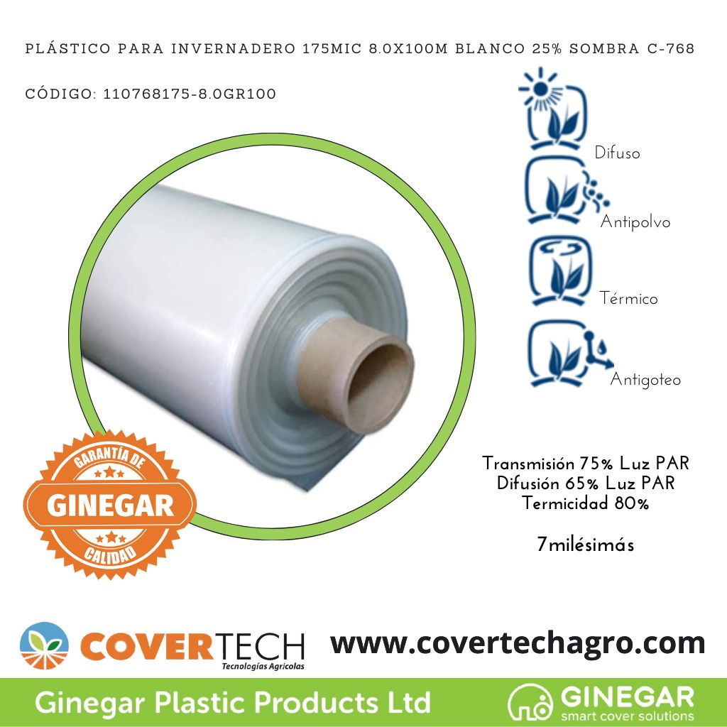 [10768175-8.0GR100]  Plastico p. invernadero 175Mic (7milesimas) 8.0x100m Blanco 25% sombra C768