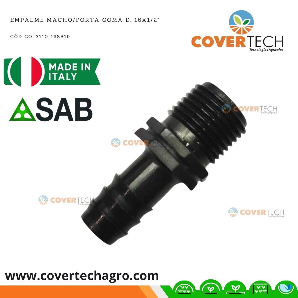 [3110-16SB19]  Riego - Conector PVC 1/2" rosca macho a poliducto 16mm (3/8") SAB Italia