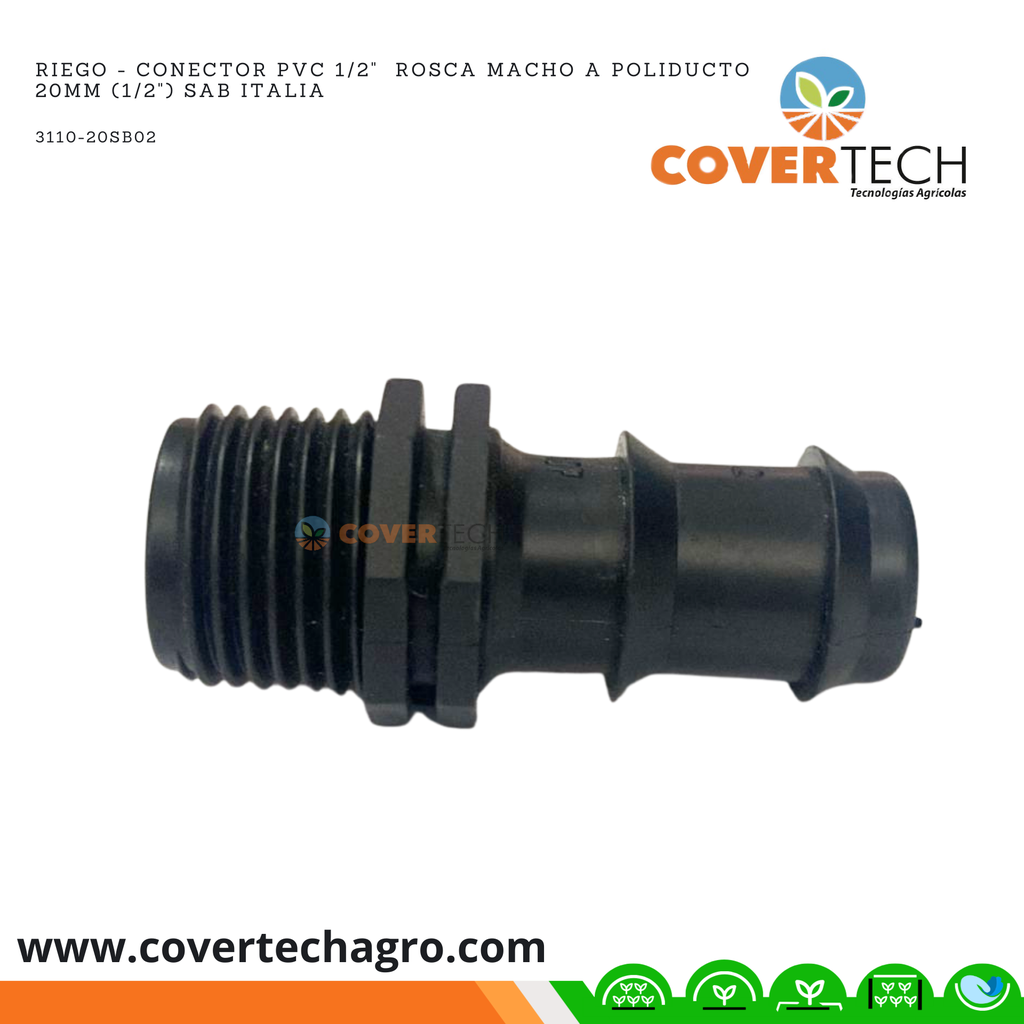  Riego - Conector PVC 1/2"  rosca macho a poliducto 20mm (1/2") SAB Italia