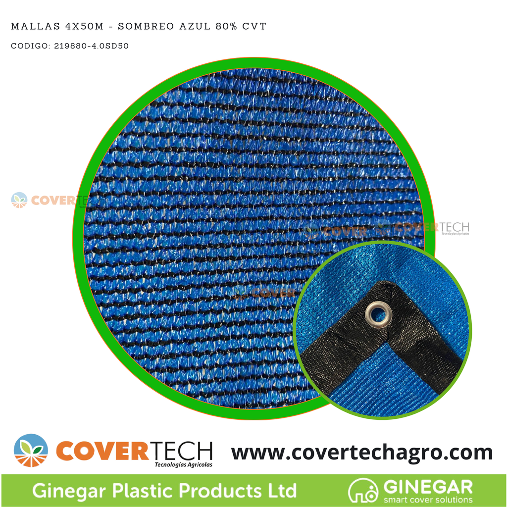 Mallas 4.0x50m - Sombreo Azul 90% con Ojal CVT