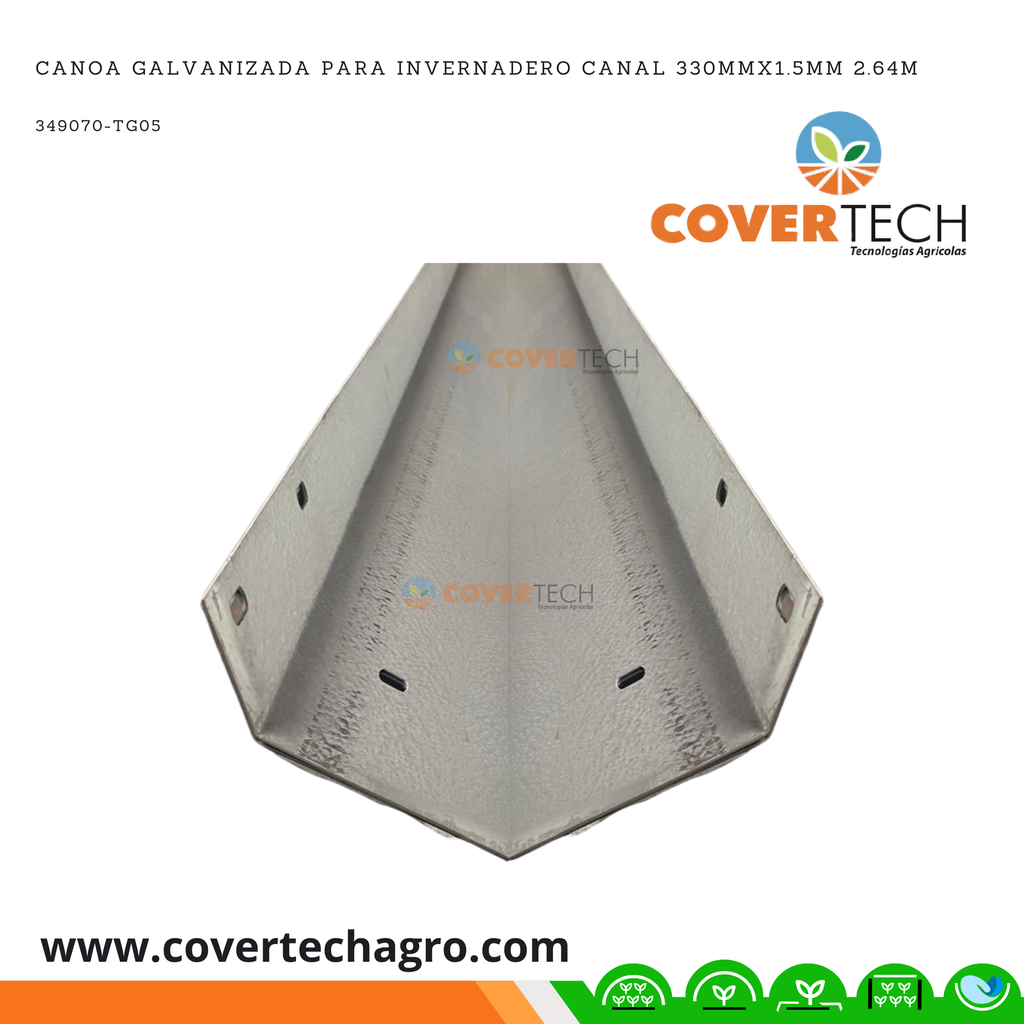 Canoa galvanizada para invernadero canal 330mmx1.5mm 2.64m