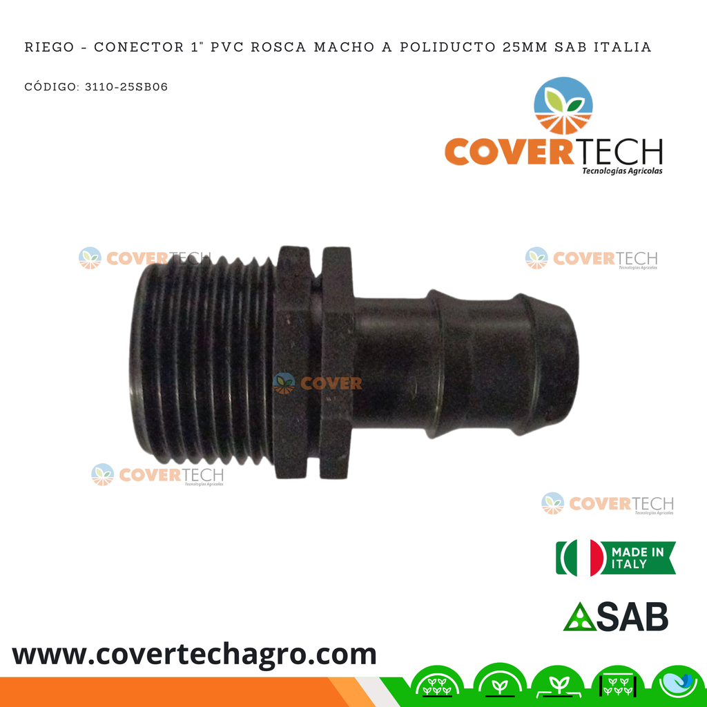 Riego - Conector PVC 1" rosca macho a poliducto 25mm (3/4") SAB Italia