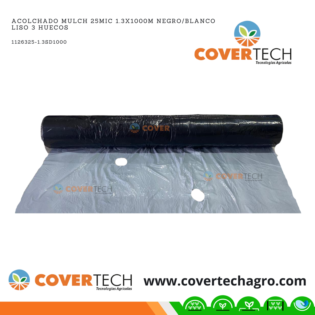 Acolchado Mulch 25MIC 1.3x1000m Negro/Blanco liso 3 huecos