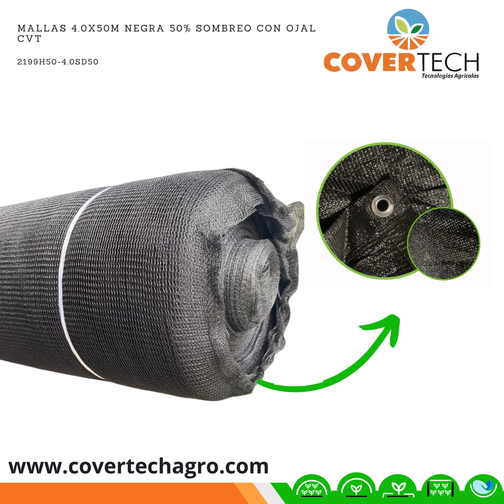 Mallas 4.0x50m Negra 50% Sombreo Mono-anudada con Ojal CVT