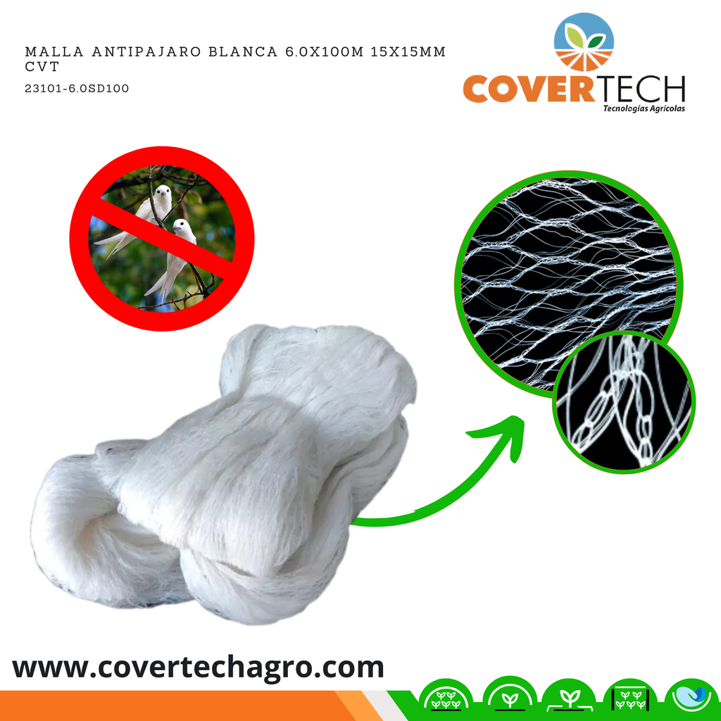 Malla Antipajaro Blanca 6.0x100m 15x15mm Tejida CVT