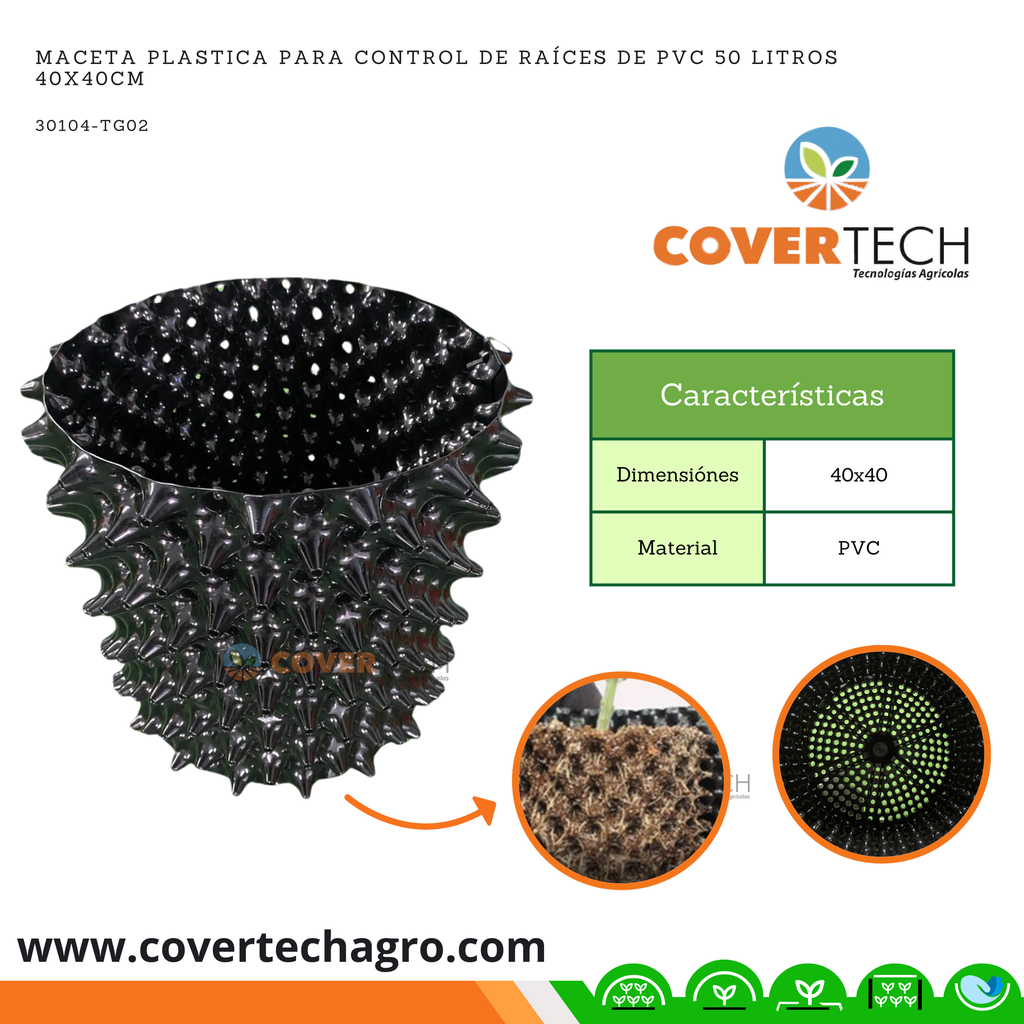 Maceta plastica para control de raices de PVC 50 Litros 40x40cm