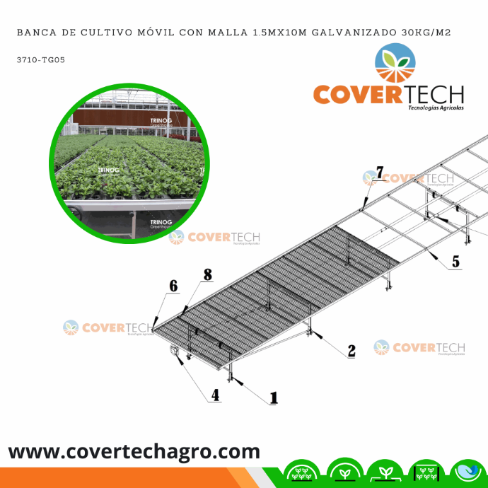 Banca de cultivo móvil con malla 1.5mx10m galvanizado 30kg/m2