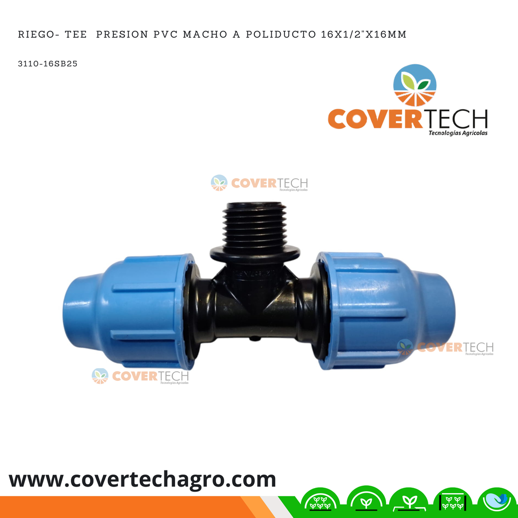 Riego- Tee  PRESION PVC macho a poliducto 16mm x 1/2" x 16mm SAB Italia