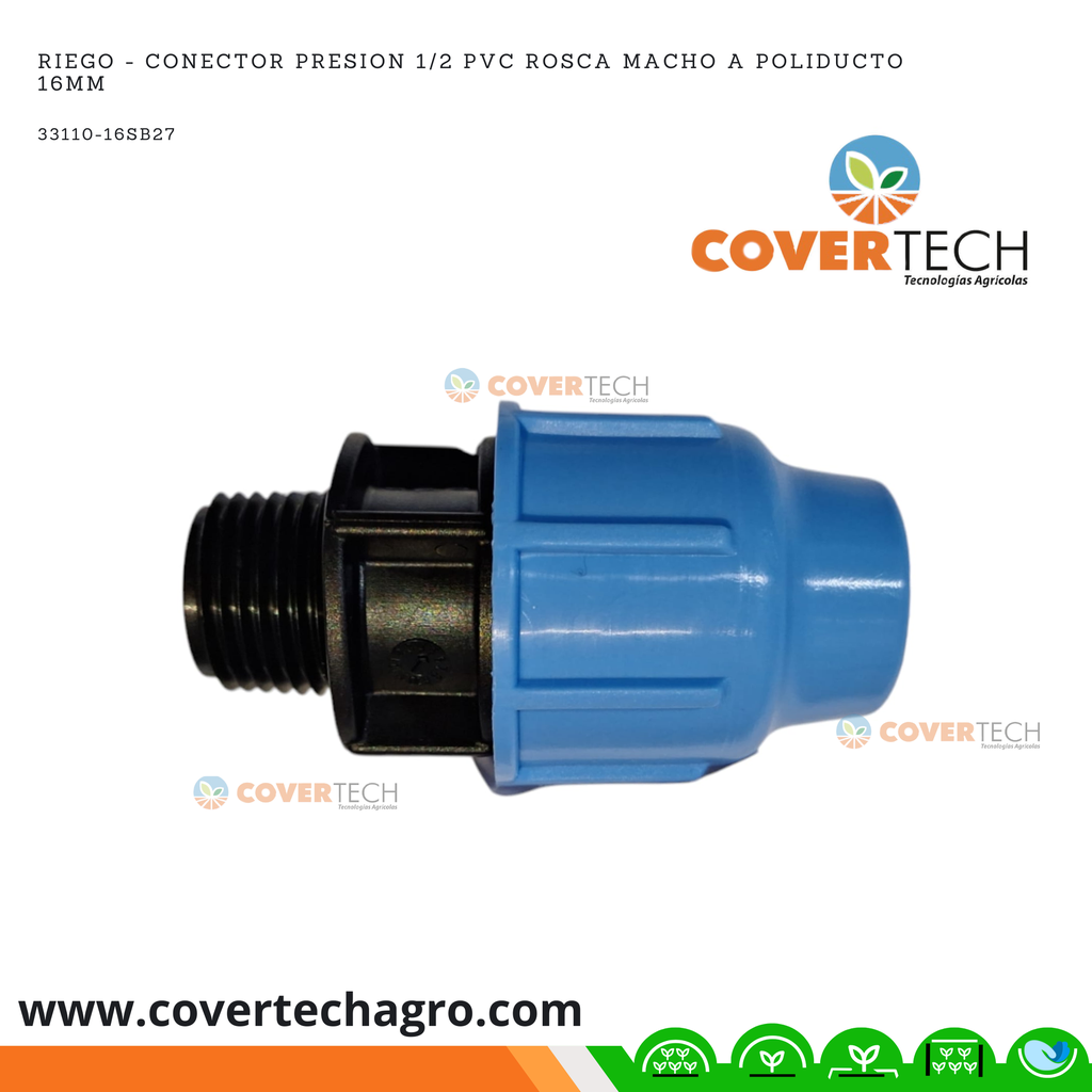 Riego - Conector PRESION PVC 1/2" rosca macho a poliducto 16mm (3/8") SAB Italia