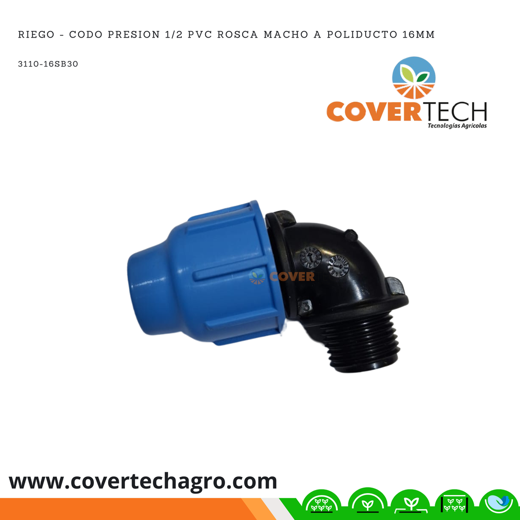 Riego - Codo PRESION PVC 1/2" rosca macho a poliducto 16mm (3/8") SAB Italia