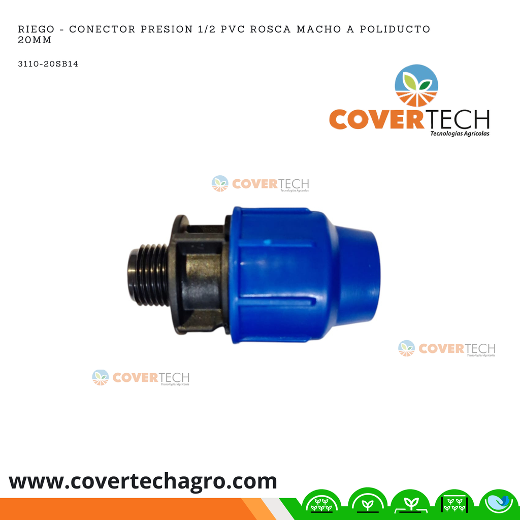 Riego - Conector PRESION PVC 1/2" rosca macho a poliducto 20mm (1/2") SAB Italia