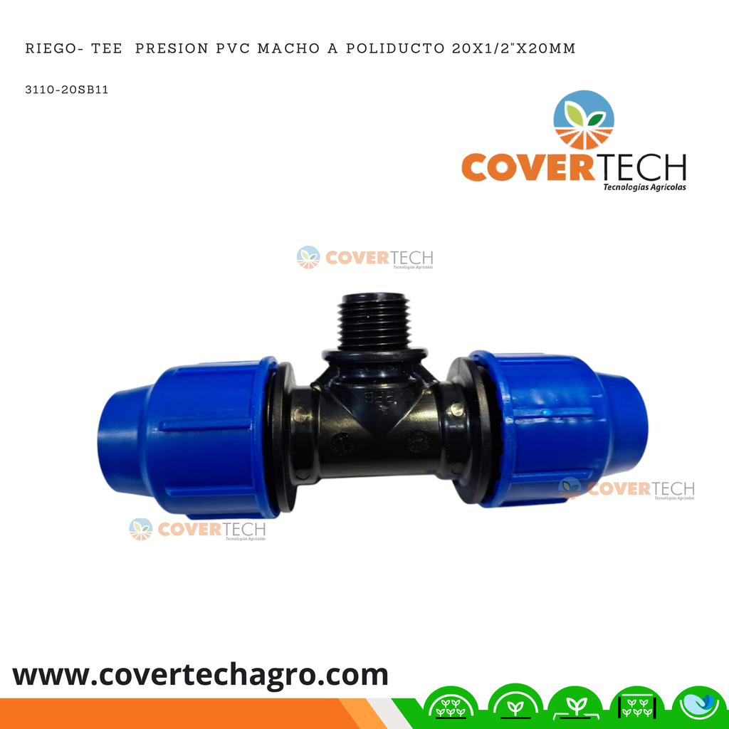 Riego- Tee  PRESION PVC macho a poliducto 20mm x 1/2" x 20mm SAB Italia