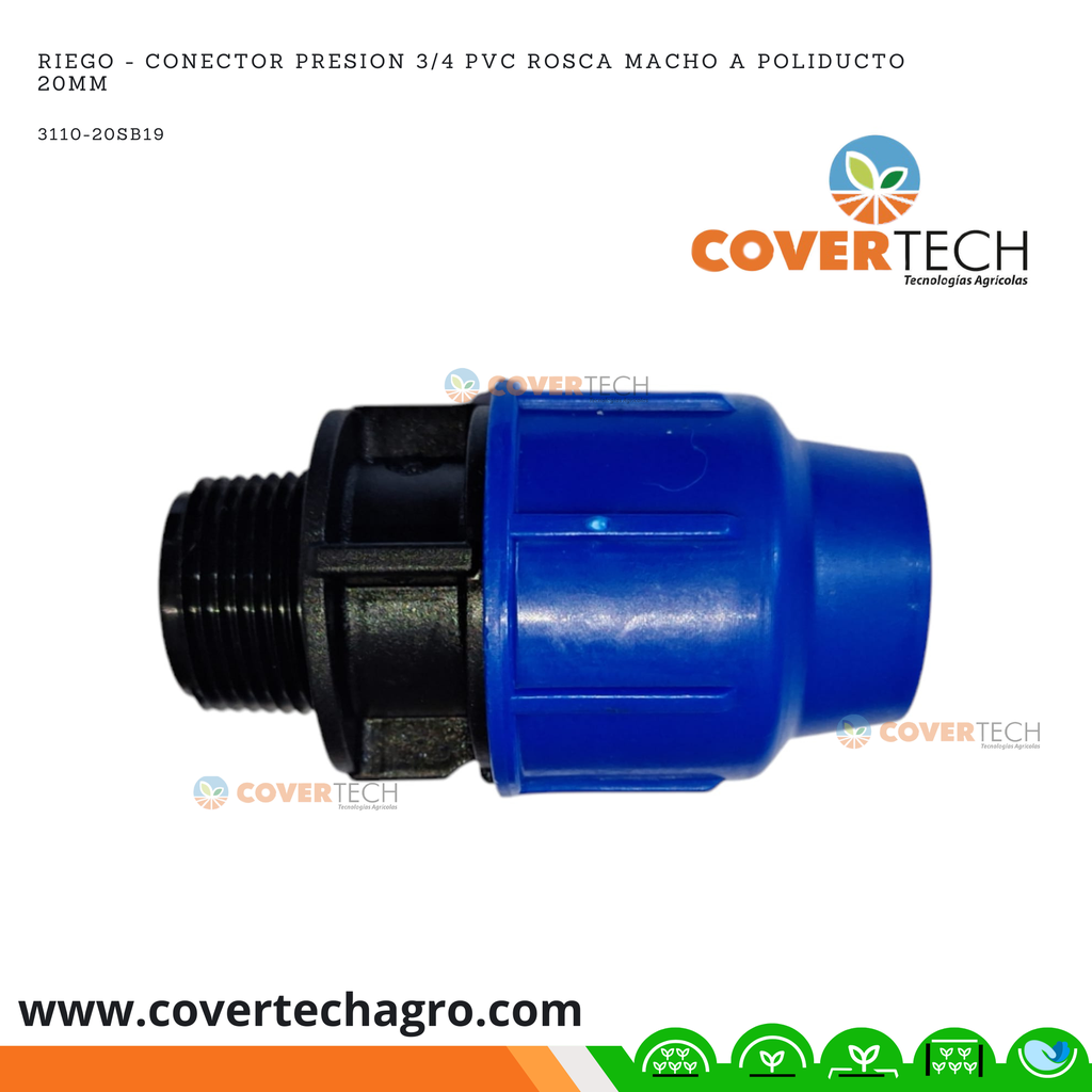 Riego - Conector PRESION PVC 3/4" rosca macho a poliducto 20mm (1/2") SAB Italia