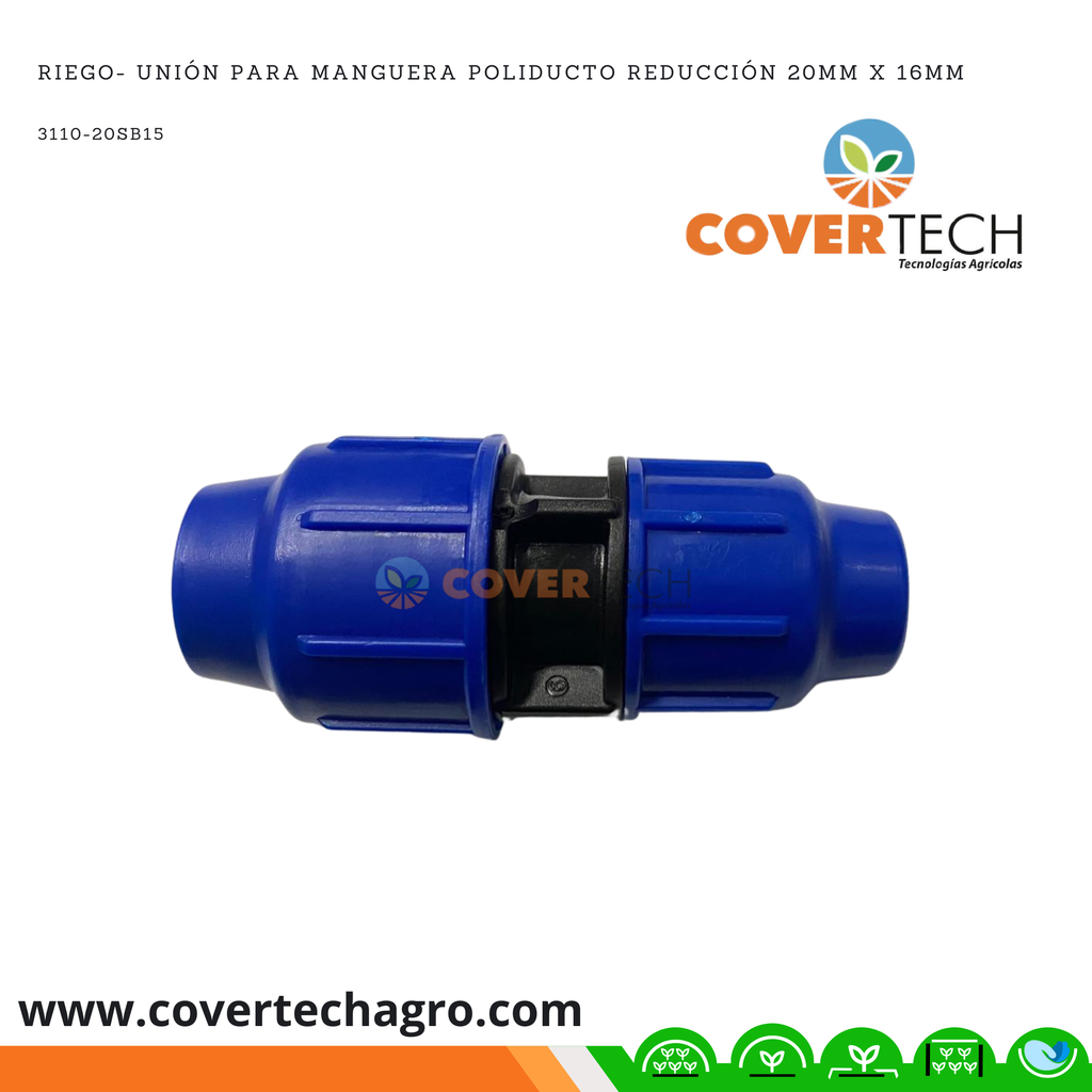 Riego- Union para manguera poliducto reducción 20mm x 16mm