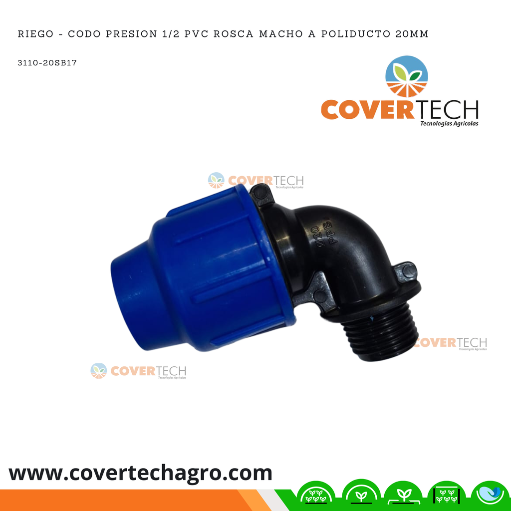 Riego - Codo PRESION PVC 1/2" rosca macho a poliducto 20mm (1/2")  SAB Italia