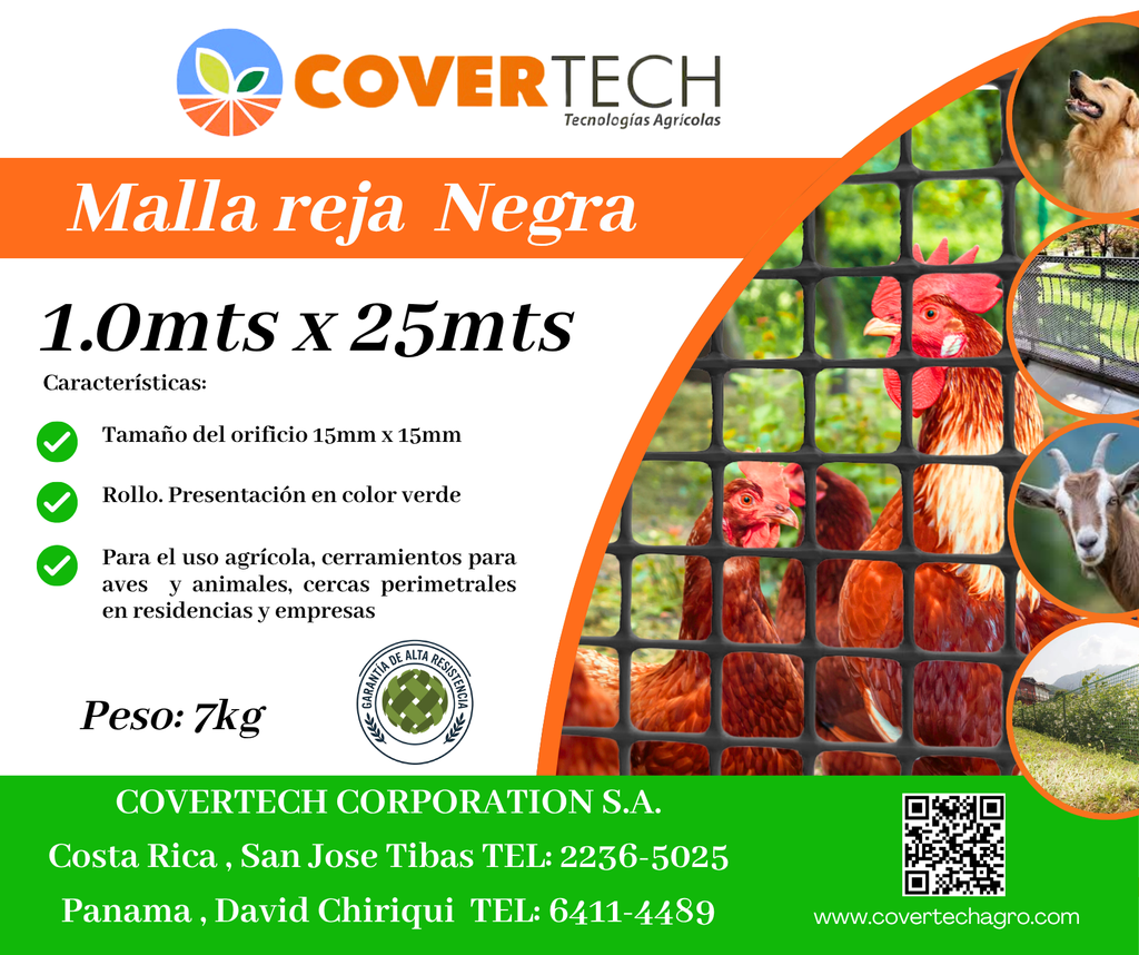 [23114-1.0TV25] Malla Reja para cerramiento - 1.0x25mts 15x15mm extruída Negra