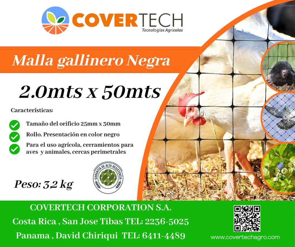 [23120-2.0TV50] Malla Gallinero para cerramiento - 2.0x50mts 25x30mm extruída Negra