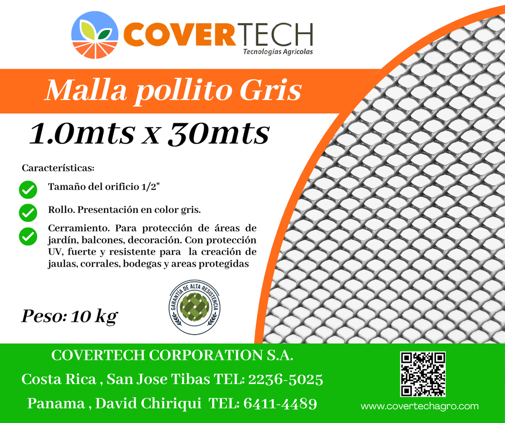 Malla Pollito para cerramiento - 1.0x30mts 1/2¨ extruída Gris