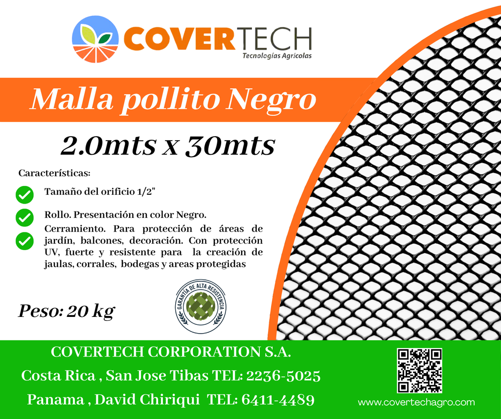 Malla Pollito para cerramiento - 2.0x30mts 1/2¨ extruída Negra