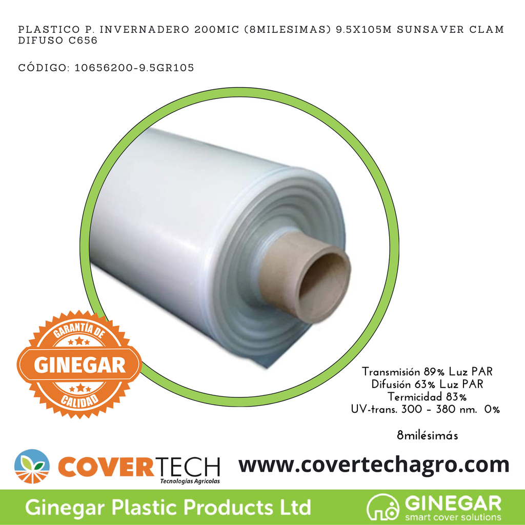 Plastico p. invernadero 200Mic (8milesimas) 9.5x105m Sunsaver Difuso AD/AM C656