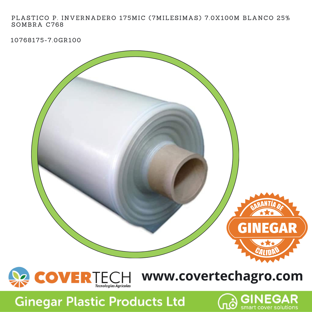 Plastico p. invernadero 175Mic (7milesimas) 7.0x100m Blanco 25% sombra C768