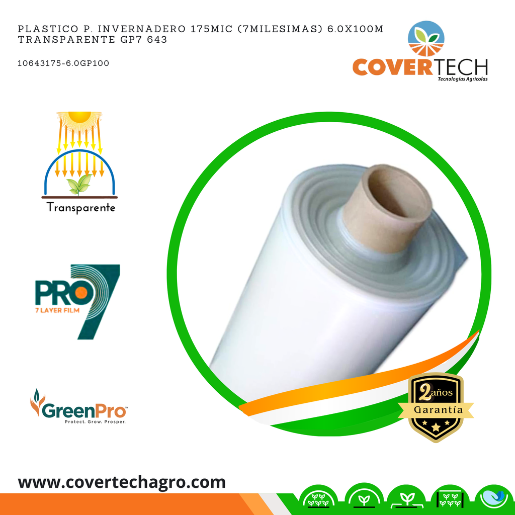 Plastico p. invernadero 175Mic (7milesimas) 6.0x100m Transparente GP7 643