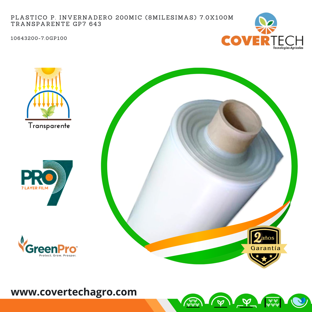  Plastico p. invernadero 200Mic (8milesimas) 7.0x100m  Transparente GP7 643