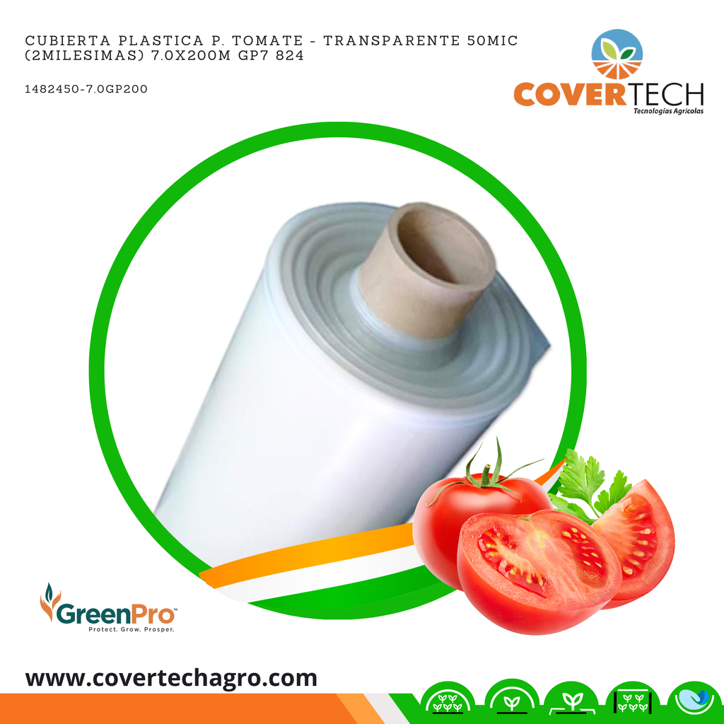 [1482450-7.0GP200] Cubierta plastica p. Tomate - Transparente 50Mic (2milesimas) 7.0X200m GP7 824