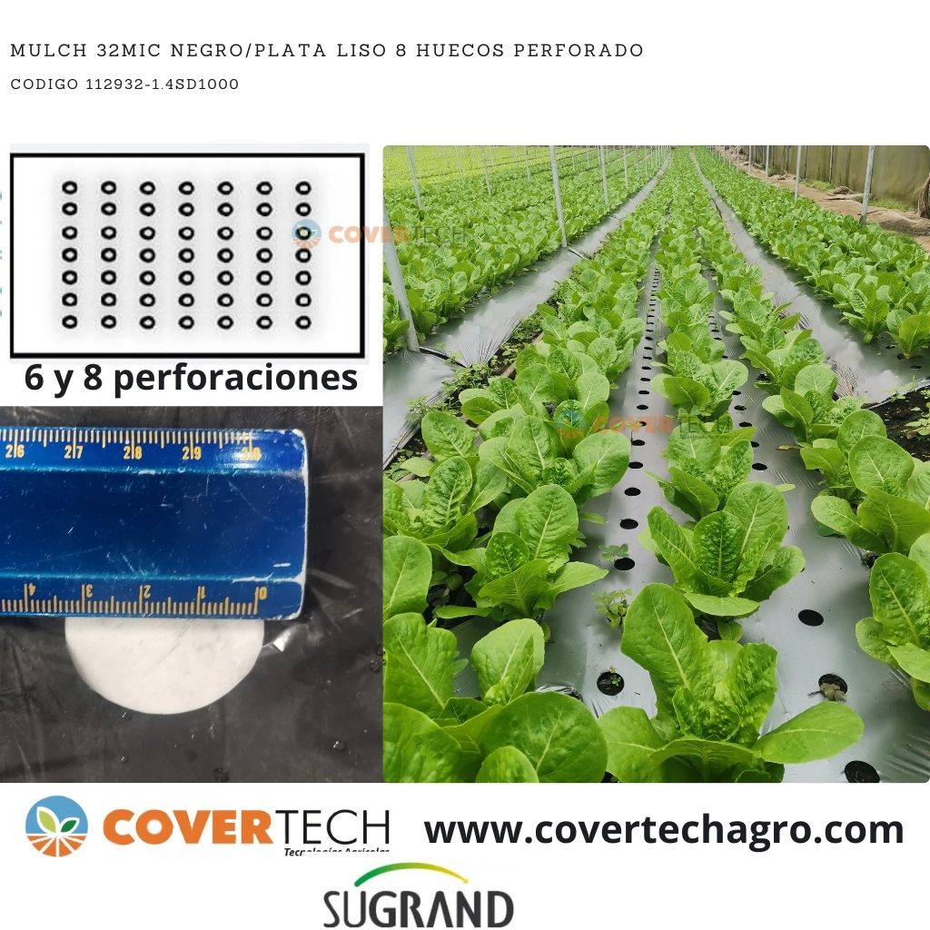 Acolchado Mulch 32MIC 1.4x1000m Negro/Plata Liso 8 huecos de 2cm