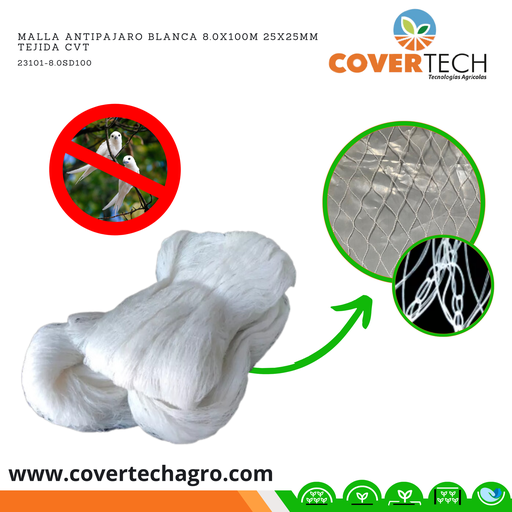 [23101-8.0SD100] Malla Antipajaro Blanca 8.0x100m 25x25mm Tejida CVT