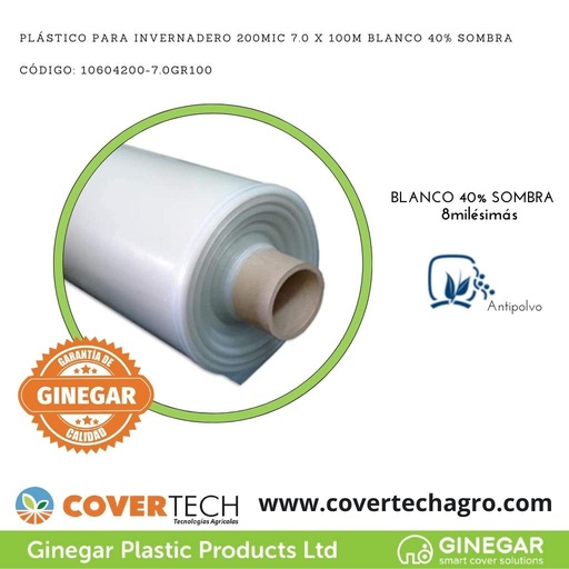 [10604200-7.0GR100] Plastico p. invernadero 200Mic (8milesimas) 7.0x100m Blanco 40% sombra C604