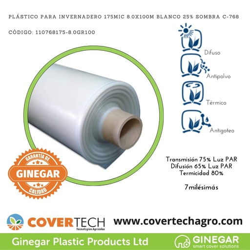 [10768175-8.0GR100]  Plastico p. invernadero 175Mic (7milesimas) 8.0x100m Blanco 25% sombra C768
