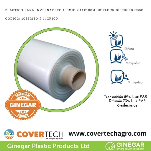 [10662150-2.44GR100]  Plastico p. invernadero 150Mic (6milesimas) 2.44x100m Antigoteo Difuso C662