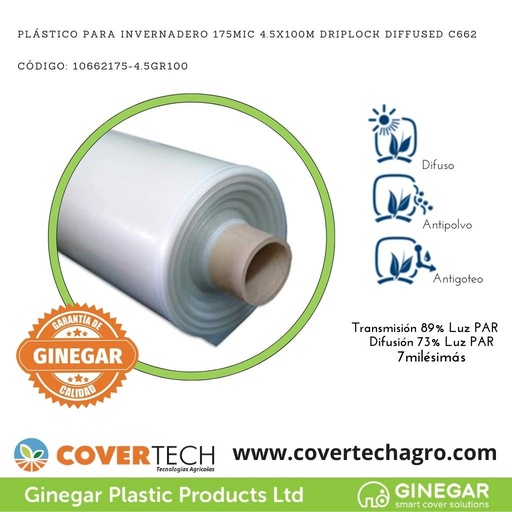 [10662175-4.5GR100]  Plastico p. invernadero 175Mic (7milesimas) 4.5x100m Antigoteo Difuso C662