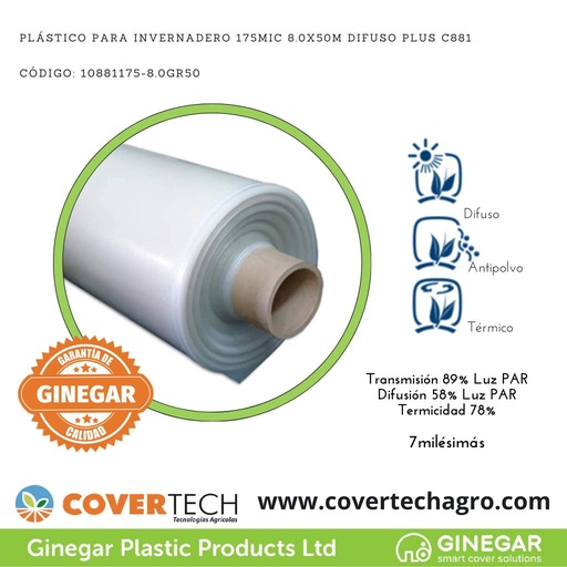 [10881175-8.0GR100]  Plastico p. invernadero 175Mic (7milesimas) 8.0x100m Difuso Plus C881
