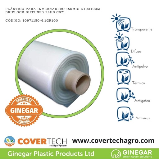 [10971150-6.1GR100]  Plastico p. invernadero 150Mic (6milesimas) 6.10x100m Antigoteo Difuso Plus C971