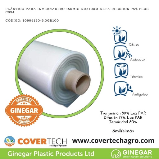 [10994150-6.0GR100]  Plastico p. invernadero 150Mic (6milesimas) 6.0x100m Alta Difusion 75% Plus C994