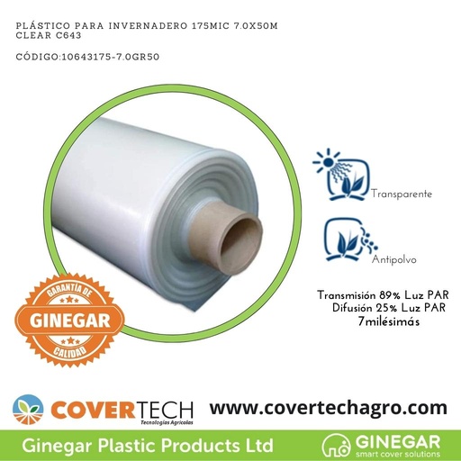 [10643175-7.0GR50] Plastico p. invernadero 175Mic (7milesimas) 7.0x50 Transparente C643
