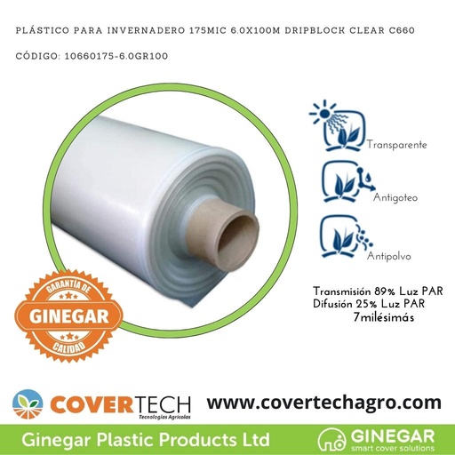 [10660175-6.0GR100]  Plastico p. invernadero 175Mic (7milesimas) 6.0x100m Antigoteo Transparente C660