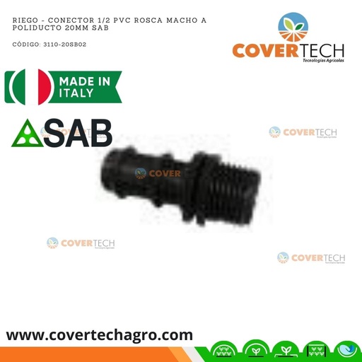 [3110-20SB02]  Riego - Conector PVC 1/2"  rosca macho a poliducto 20mm (1/2") SAB Italia